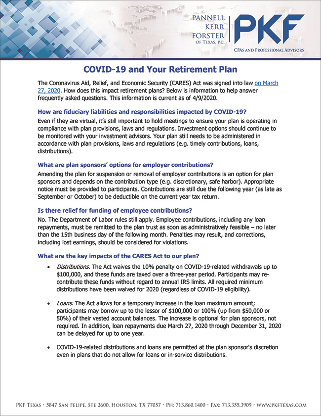 FAQ information from PKF Texas about the CARES Act impacting retirement plans rules during COVID-19 pandemic
