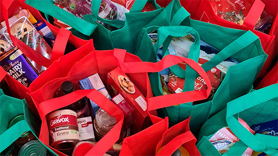red and green cloth bags filled with canned foods; image used for blog post about valuing noncash donations for not-for-profits