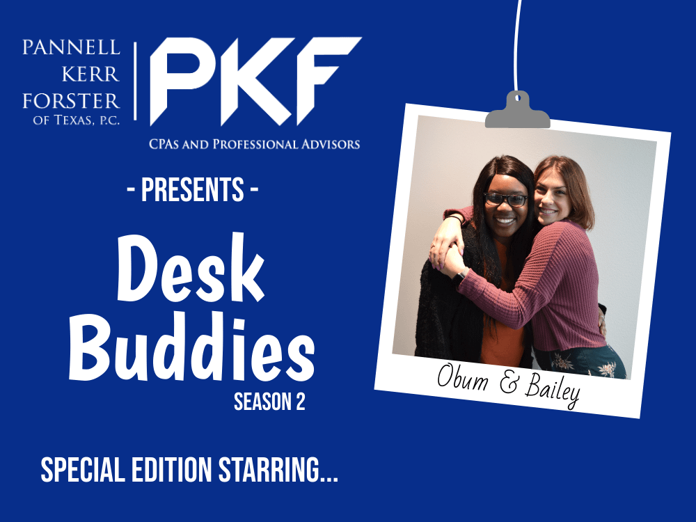 promotional image of Desk Buddies, starring two girls in the Audit department of PKF Texas