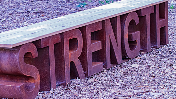 a wooden plank sits on top of stone letters spelling the word, "strength;" image used for blog post about not-for-profits capacity building