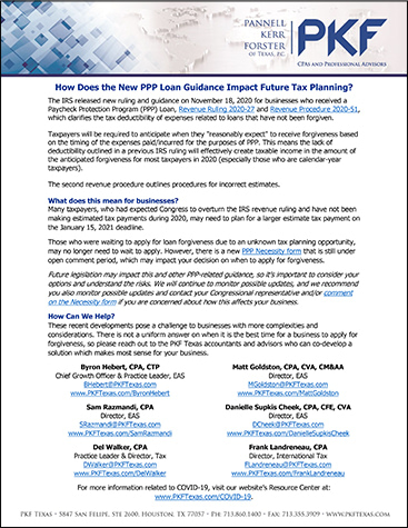 thumbnail image of a PKF Texas white paper about the November 18 PPP Loan ruling impacting tax planning