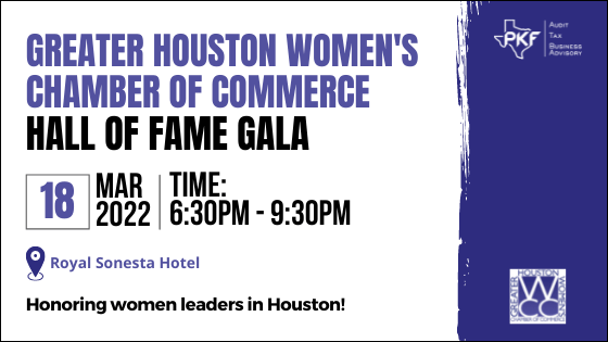 Promotional graphic for Greater Houston Women's Chamber of Commerce Hall of Fame Gala on March 18, 2022.