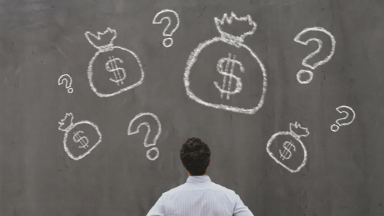 a person looking at a chalkboard with drawings of money bags and question marks; image used for blog post about not-for-profits executing successful capital campaigns