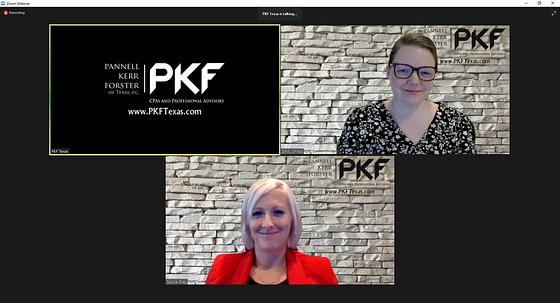 screen capture of Zoom with PKF Texas Directors Nicole Riley and Emily Smikal for webinar, Governance Gone Bad: Lessons Learned to Help Your Not-for-Profit