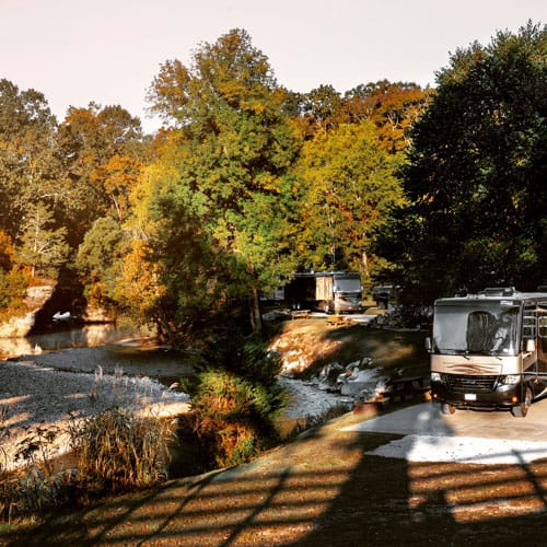 RV parked in a RV campground near a river in Nashville TN