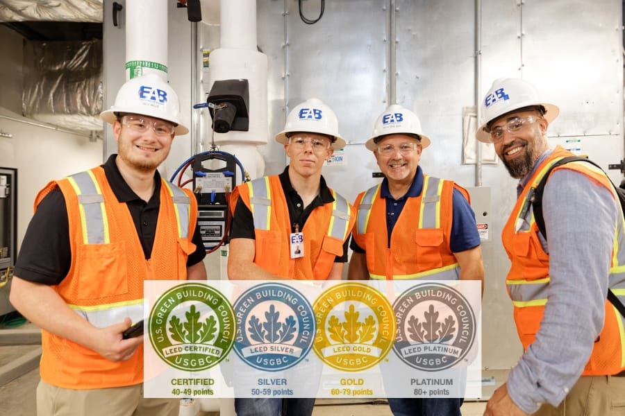 EAB commissioning team celebrating project success with LEED certification levels displayed