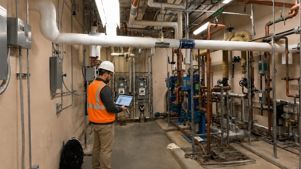 Commissioning engineer reviewing building system trend data