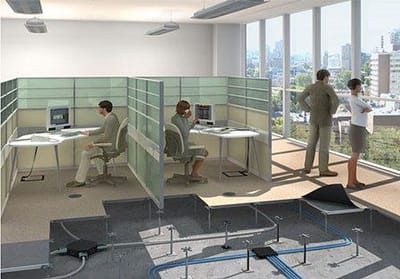 interior of an office building with working employees