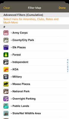 Allstays camp and rv app filters