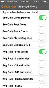 Allstays Camp and RV App advanced filters