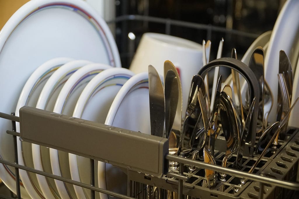 RV dishwasher full of dishes