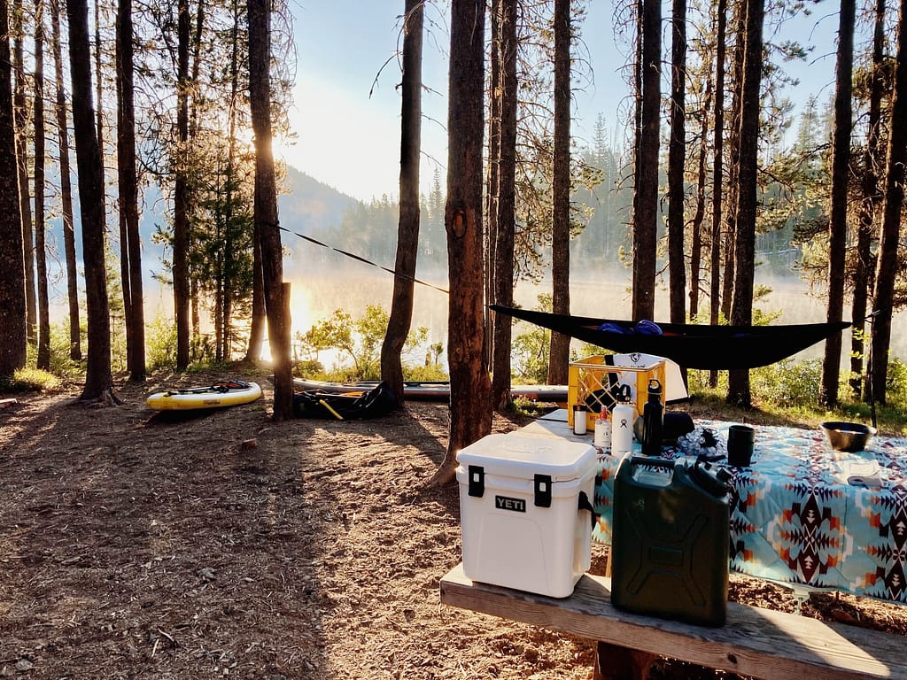 Site where someone is camping in the mountains