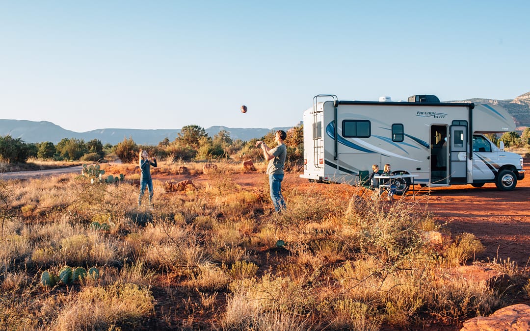 Family off grid camping in the desert