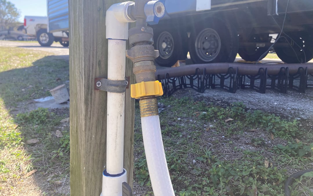 RV hookups: hose connected to water spigot