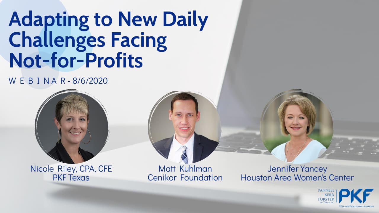 promotional image of Nicole Riley, Matt Kuhlman and Jennifer Yancey for a Zoom webinar about new daily challenges facing not-for-profits