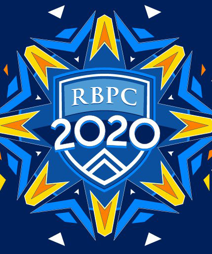 logo for Rice Business Plan Competition for 2020, designed with blue background and yellow sparks
