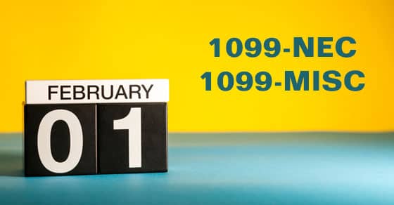 a mini calendar reading "February 01" with 1099-NEC and 1099-MISC
