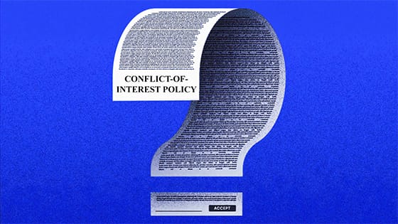 Image of a paper document shaped as a question mark with the words "conflict-of-interest policy;" used for blog post about private foundations needing a conflict-of-interest policy