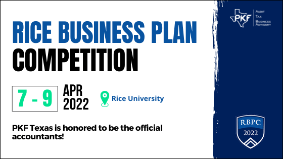 PKF Texas promotional graphic for the 2022 Rice Business Plan Competition on April 7 – 9, 2022 at Rice University.