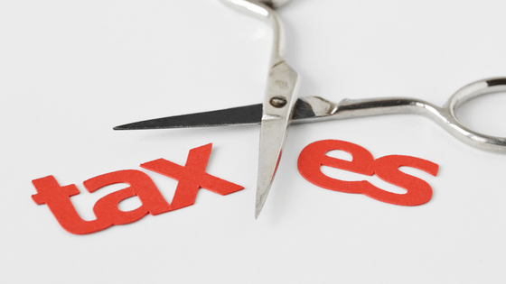 An image of a pair of scissors breaking up the word "taxes;" image used for blog post about tax strategies for investors