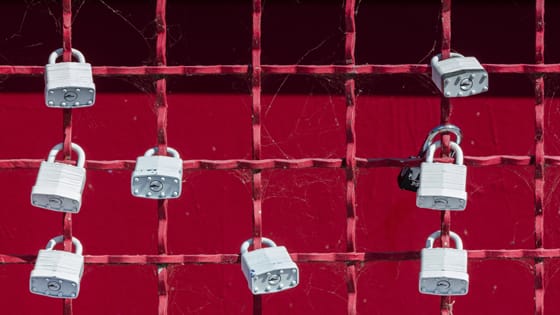 A photo of grey padlocks on a red metal fence to show why Not-for-Profits need protection from fraud.