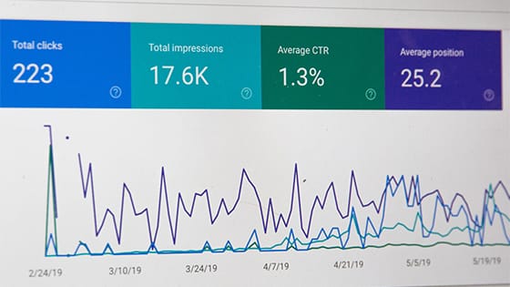 A graph with multiple colored lines depicting website analytics of clicks, impressions, clickthrough rate and positioning; image used for blog about SEO importance for not-for-profits