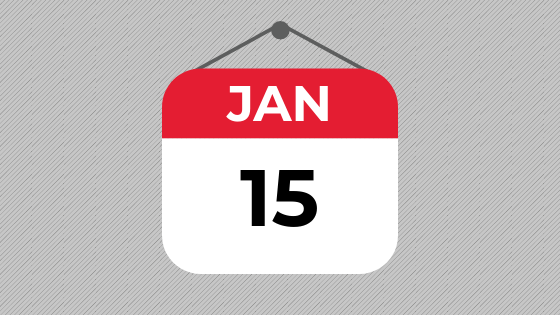 graphic with a hanging red and white calendar with "January 15;" image used for blog post about estimated tax deadline for January 15