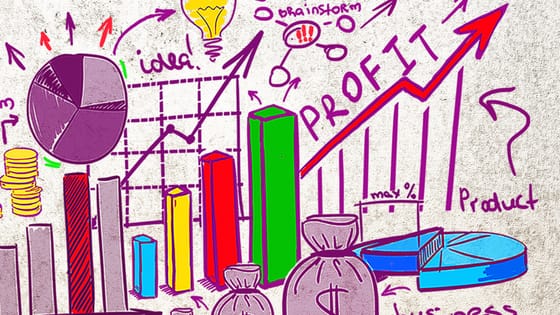 A photo of an illustration with graphics, charts and arrows for growth; image used for blog post about not-for-profits diversifying income streams