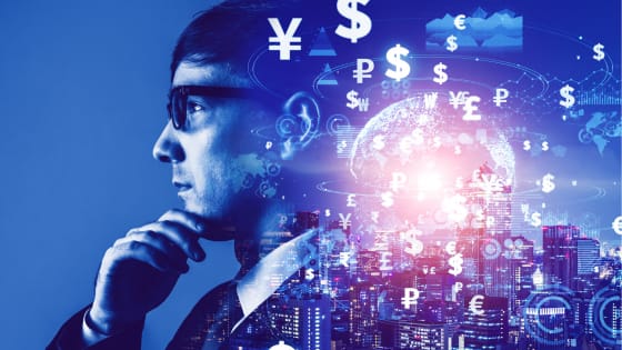 An image graphic of a person thinking and currency symbols; for blog post about new tax reporting for investors and cryptocurrency