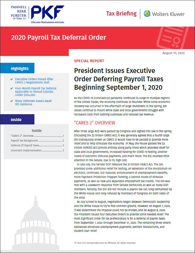 Cover page of Tax Briefing about Executive Orders issued for businesses during the COVID-19 pandemic