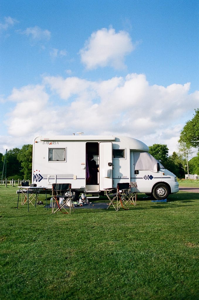 Motorhome with RV outdoor rug