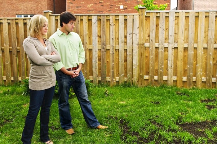 A couple stands in a backyard, examining patches of sparse grass on their lawn.