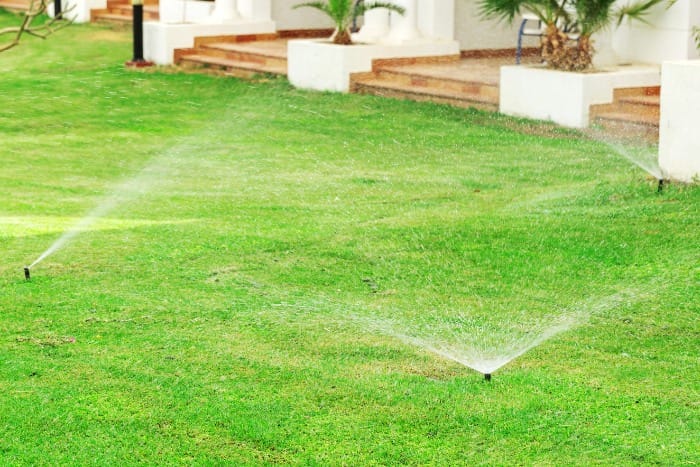 Lawn irrigation system watering green grass in a yard