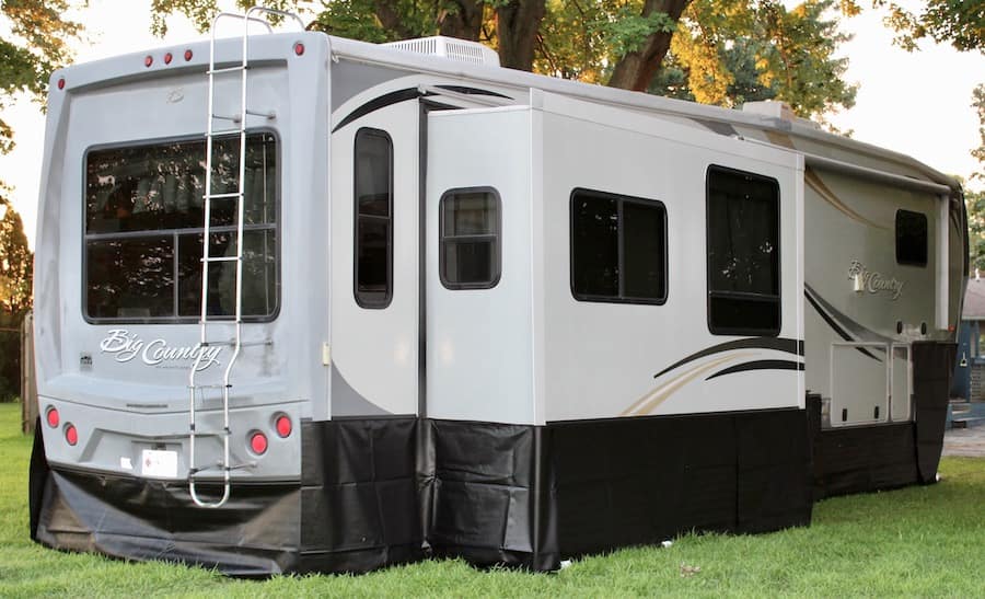 camper with rv skirting installed